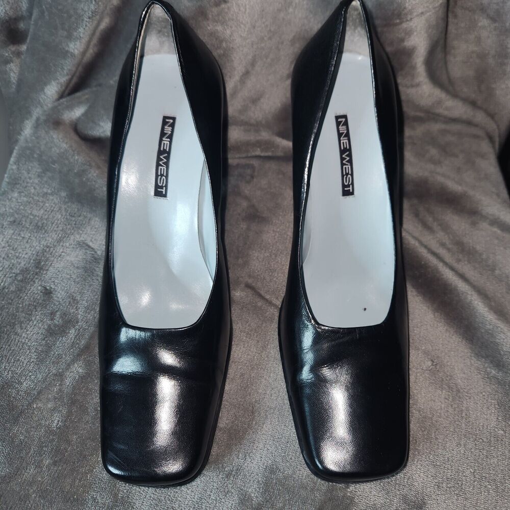 Y2K Nine West No-Aragon2 Leather Black Womens 10M Chunky Block Heel Square Toe - Picture 3 of 9